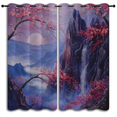 Imagem de Cortinas blackout asiáticas para decoração de casa de quarto de meninos, meninas, estilo anime japonês, montanha, ameixa, vermelha, pintura de paisagem, isolamento térmico, ilhós, escurecimento da