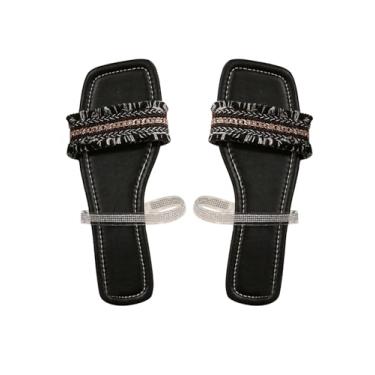 Imagem de OYOANGLE Sandália feminina com franja e bico quadrado, sem cadarço, casual, praia, boho, Preto, 38