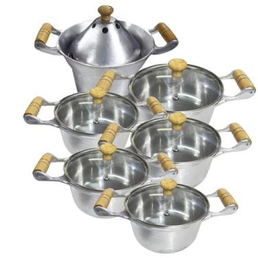 Imagem de Jogo De 5 Panelas Alumínio Fundiido Polido Tampas De Vidro Com Fervedo