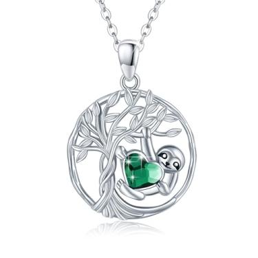 Imagem de Colar de árvore da vida preguiça para o dia das mães prata esterlina 925 preguiça árvore da vida colares com pingente de cristal azul joia animal fofa joia de dia das mães aniversário presente de