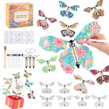 Imagem de Happy makers Kit de artesanato de borboleta voadora faça você mesmo, 24 borboletas de papel e 12 canetas coloridas, faça sua própria pulseira de borracha de brinquedo de borboleta mágica perfeita para