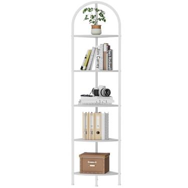 Imagem de Homhedy Suporte de prateleira de canto arqueado de 5 camadas, estante de canto de parede com moldura de metal, suporte de plantas, prateleira de armazenamento industrial para sala de estar, quarto