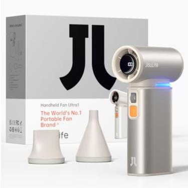 Imagem de JISULIFE Ventilador turbo portátil portátil, mini ventilador pessoal ajustável de 100 velocidades, ventilador recarregável por USB de 9000 mAh, tela de LED, capa de metal com acessórios presentes para