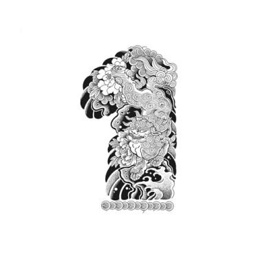 Imagem de Tatuagens temporárias, estilo japonês, leão, onda, braço esquerdo, tatuagens de leão, duram de 1 a 2 semanas, resistentes à água, resistentes, aparência de tatuagem real,32 x 19 cm