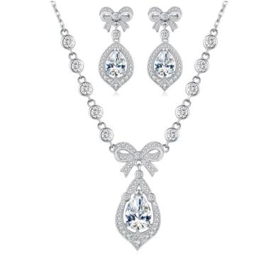 Imagem de GW Conjuntos de joias de casamento para noivas, colar de laço e brincos de noiva com cristal de lágrima, pinos de orelha de prata 925, latão banhado a ródio, corrente ajustável de 40 + 5 cm, Cobre