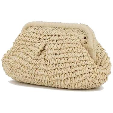Imagem de Raiuyow Bolsa clutch de palha para mulheres, bolsa de ombro transversal, bolsa de tecido de praia de verão, Bege
