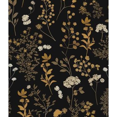 Imagem de Papel de parede floral vintage descasque e cole, papel de parede botânico dourado preto, 44,5 cm x 299,7 cm, papel de parede boho dourado escuro autoadesivo removível à prova d'água para quarto