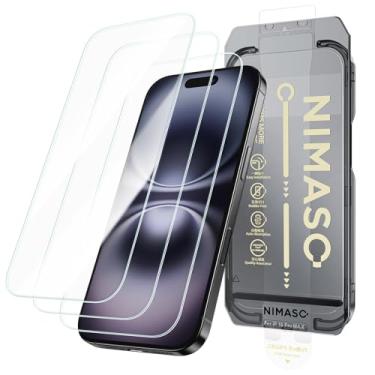 Imagem de NIMASO Protetor de tela para iPhone 16/15 Plus, pacote com 3 protetores de tela de vidro temperado para iPhone 16 Plus, remoção automática de poeira, instalação instantânea, HD transparente, dureza 9H