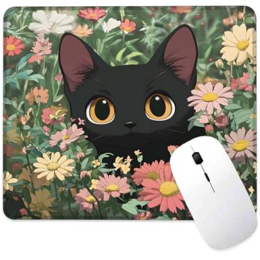 Imagem de Tapete de rato quadrado gato preto entre flores base de borracha antiderrapante com borda costurada, mousepads portáteis para mesa, computadores, laptop, escritório, 24 x 20 cm