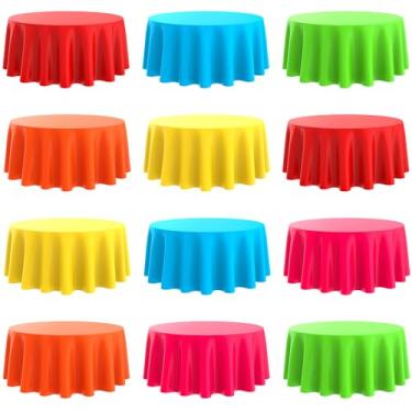 Imagem de Oudain 12 peças de toalha de mesa redonda descartável de plástico de 203 cm, toalhas de mesa resistentes a manchas e rugas para decoração de festa de casamento e chá de bebê (várias cores)