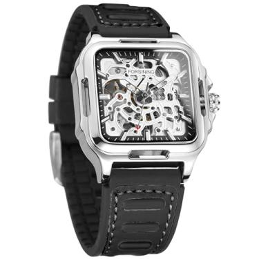 Imagem de FORSINING Relógio de pulso masculino à prova d'água, esqueleto, elegante, automático, steampunk, pulseira de silicone, luminoso, quadrado, luminoso, 2 - Prata, Moderno