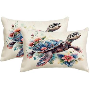 Imagem de JAERUE Capas de almofada aquarela tartaruga marinha com flores 30 × 50 cm, decoração de casa de verão, oceano, praia, casa, 2 unidades, para sofá (azul/rosa)