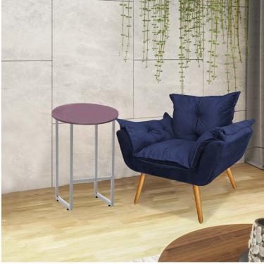 Imagem de Kit Poltrona Opala Com Mesa Will Ferro Prata Tampo Redondo Rose Suede Azul Marinho