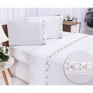 Imagem de Jogo Lençol Veneza Quarto Casal King Bordado 4 Peças 2fronha Cor:branco Com Caqui