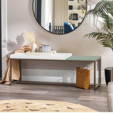 Imagem de Banco Recamier Puff 195cm Industrial Marrom Suede Branco Tampo Quadrado Mdf Verde