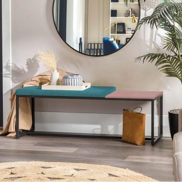 Imagem de Banco Recamier Puff 140cm Industrial Preto Suede Azul Turquesa Tampo Quadrado Mdf Rose