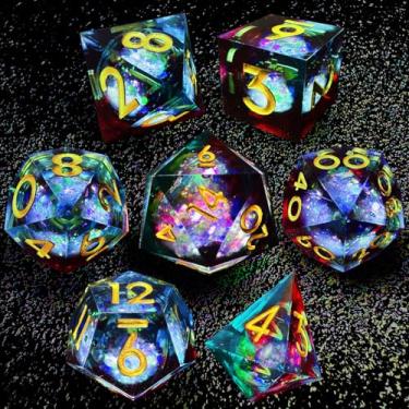 Imagem de HAOMEJA Liquid Core Resin DND Dice Set 7Pcs with Bag Sharp Edge Polyhedral Dice, Apply to D&D Dungeons & Dragons Role-Playing Games D20, D12, D10, D8, D6, D4 Games Gift (Blue Red)