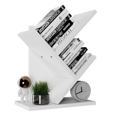 Imagem de YMYNY Estante Moderna De Madeira Com 2 Níveis, Pequena Estante, Independente Para Livros/Filmes/Cds, Expositor Quarto, Home Office, Branca Uhbc012W