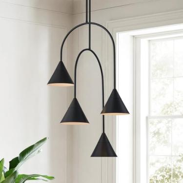Imagem de LamQee Luminária Pendente Industrial Preta Fosca, 4 Luzes, Grande Conjunto De Iluminação Com Cúpula Metal Cônica, Lustre Suspenso Estilo Fazenda Para Sala Jantar, Cozinha, Ilha, Bar, Entrada, Escada