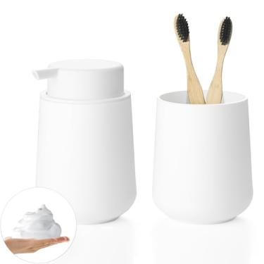 Imagem de zuxzmj Conjunto De Porta-Escovas Dentes Para Banheiro Branco Fosco, Dispensador Sabonete Líquido Espuma Plástico E 2 Peças