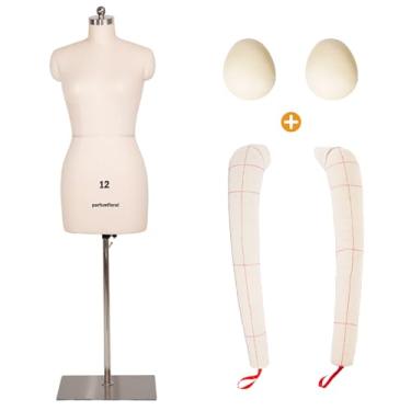 Imagem de Parfumfloral Manequim De Costura Feminino Com Braços, Tamanho 12, Profissional Para Exibição E Design Alfaiataria, Tronco Ajustável Em Altura Base Metal Estável (Bege, 12)
