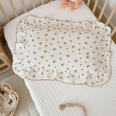 Imagem de BuLuTu Capas de almofada de musselina 100% algodão adequadas para crianças tamanho padrão, estampa floral amor-perfeito com estampa de pontos, fronha infantil com babados, 1 peça, 45 x 71 cm, lavável