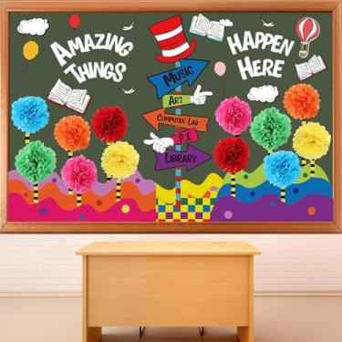 Imagem de Quadro de avisos Amazing Things Happen Here Atividades educativas 3D decorações de sala de aula volta às aulas papel de seda vermelho azul decorações de flores recortes motivacionais para decoração de