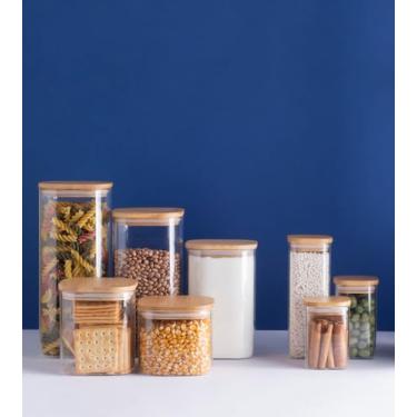 Imagem de Pote 800Ml De Vidro Flat Com Tampa De Bambu Quadrado Mantimento - Oikos