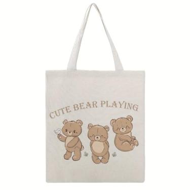 Imagem de Bolsa feminina com ursinhos fofos brincando de marrom, reutilizável, resistente, sacola de compras, bolsa de ombro de lona para viagens de academia