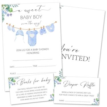 Imagem de rizotus Conjunto de 25 convites de chá de bebê para meninas e meninos, convites de festa de revelação de gênero com tema de roupas azuis com envelopes, incluindo cartões de solicitação de livro e