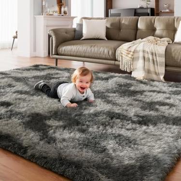 Imagem de AMTOVO Tapete de área felpudo para quarto sala de estar tapetes macios e peludos tapete de área fofo para quarto de crianças 20 x 25 cm preto e cinza