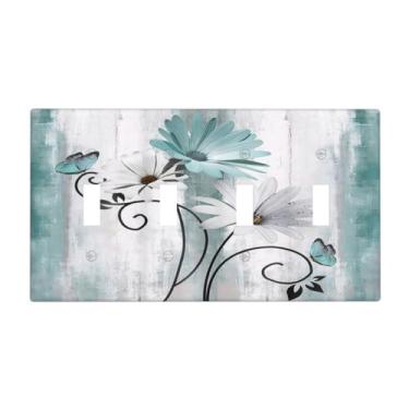 Imagem de Thsanju Margarida azul-petróleo floral e borboleta em prancha de madeira vintage quádruplo interruptor de luz decorativa 4 placas de parede de 4 furos para dispositivo elétrico placa frontal para