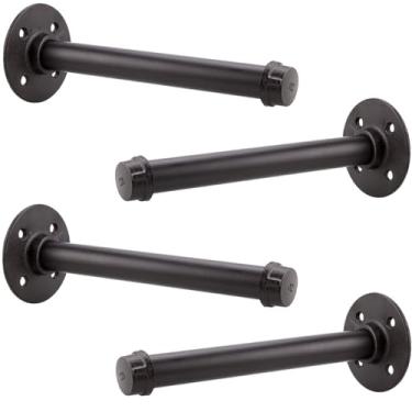 Imagem de Suportes de prateleira de tubos industriais de 20 cm – Conjunto de 4, suportes de prateleira de tubos rústicos com acessórios de ferro, flanges e tubos para decoração de móveis vintage, suportes de prateleira de montagem na parede, suportes de prateleira faça-você-mesmo, rack de roupas