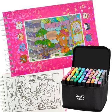 Imagem de Livro de Pintar Color Com Canetinhas 24 Cores 100 Paginas Capa Dura Estojo Caneta Permanente Ponta Dupla Desenho Fofo