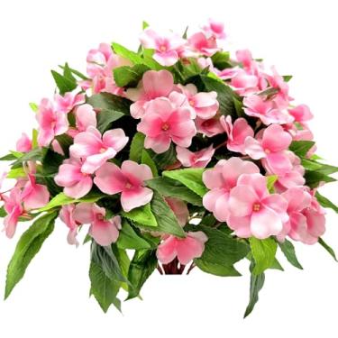 Imagem de LILOCOO 4 peças de buquê de flores artificiais para ambientes externos para flores de seda resistentes a raios UV, arbustos impatiens sintéticos, rosa, para pátio, gramado, jardim, ao ar livre, vaso