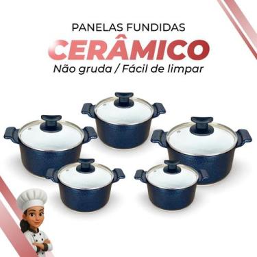 Imagem de Jogo De Panelas Cerâmica Branca Antiaderente 5 Peças Azul Tampa De Vid