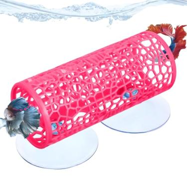 Imagem de Acessórios para aquário Betta, brinquedos de túnel Betta - rede com ventosas, decorações de aquário e esconderijo para aquário pequenos peixes e camarões, caverna oca com orifício pequeno (vermelho
