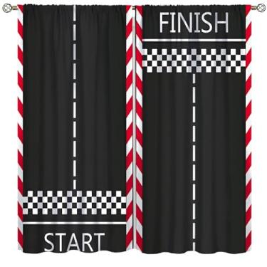 Imagem de VUMIVI Cortinas de pista de corrida, acabamento inicial, padrões de desenhos animados xadrez preto e branco, tratamentos de janela para meninos, quarto de crianças, quarto de bebê, 106,7 cm L x 113 cm