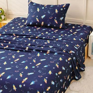 Imagem de Jogo de lençol de solteiro para meninos, jogo de cama de 3 peças para crianças, roupa de cama de microfibra macia escovada, bolso profundo, resistente a rugas e desbotamento, foguete espacial