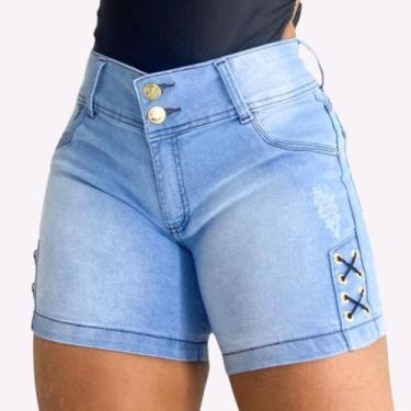 Imagem de Short Jeans Feminino Cintura Alta Lycra Empina Bumbum Com Ilhós Premiu