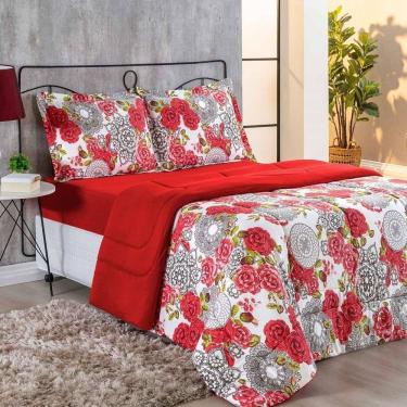 Imagem de Kit Edredom Malha 100% Algodão Primavera 3 Peças Casal - Floral Vermelho