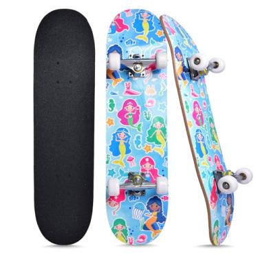 Imagem de Skates para iniciantes, crianças, meninos, meninas, adolescentes e adultos, skate padrão completo de 78 polegadas com design de unicórnio e caveira de bordo de 7 camadas (sereia)