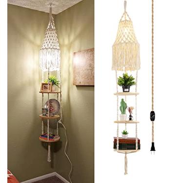 Imagem de QIYIZM Luminária suspensa Boho com plugue de plugue, luminária suspensa com cabo de conexão, luminária suspensa de macramê, interruptor regulável, 3 prateleiras para pendurar plantas, decoração boêmia para quarto, sala de estar e canto