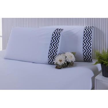 Imagem de Jogo Lençol 3 Peças Queen Estampado Chevron 100% Algodão 200 Fios Ponto Palito (Branco/Chevron, 45cm)