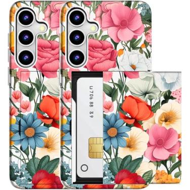 Imagem de MUQR Capa compatível com Samsung Galaxy S23 FE com suporte de cartão fofo - Design Kawaii, proteção contra quedas de nível militar, capa carteira robusta para mulheres (branco, rosa, várias flores)