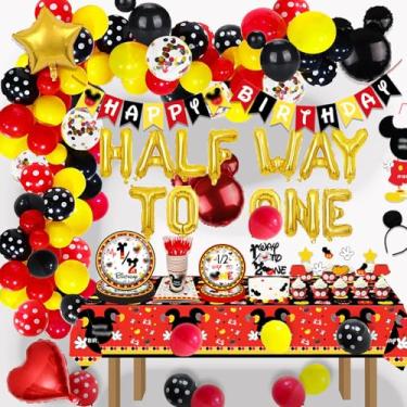 Imagem de 218 Pcs Red Cartoon 1/2 Way to One Birthday Party Supplies Decorations - Half Way to First Plates Cups Tablecover Cake Toppers Banner Balloons for Boy 6 Months Birthday Party Favor
