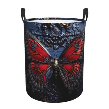 Imagem de Cesta de lavanderia borboleta vermelha dobrável à prova d'água cesto de armazenamento de roupas com alças pano oxford organizador de brinquedos cesta para banheiro, lavanderia, quarto, pequeno