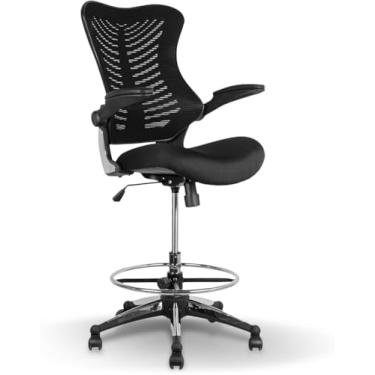 Imagem de OfficeFactor Cadeira de desenho ergonômica de 136 kg Cadeira de escritório alta para mesa com apoio de braço dobrável Assento de espuma moldada com anel de apoio para os pés ajustável, suporte lombar