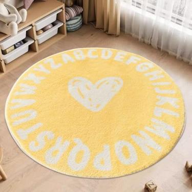Imagem de TEMBR Tapete infantil redondo, corações amarelos ABC alfabeto berçário, tapete antiderrapante, tapete para sala de estar (1 m)