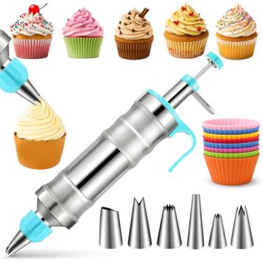 Imagem de Novano Conjunto de seringas para decoração de sobremesa, kit de tubulação de cobertura de aço inoxidável, kit de decoração de bolo com 6 pontas de confeitar e 9 cupcakes de silicone, kit de decoração